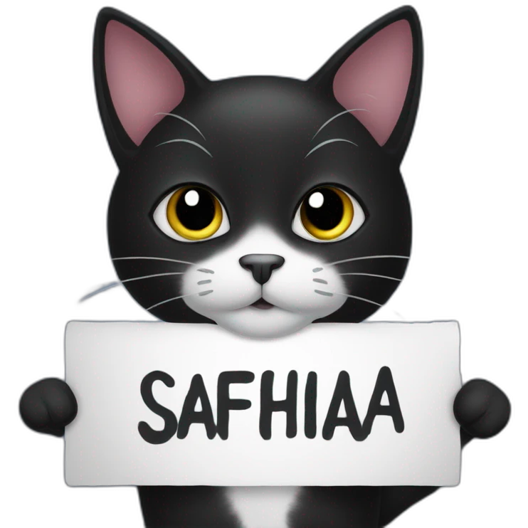 Black cat holding a sign with the inscription “Safina” emoji