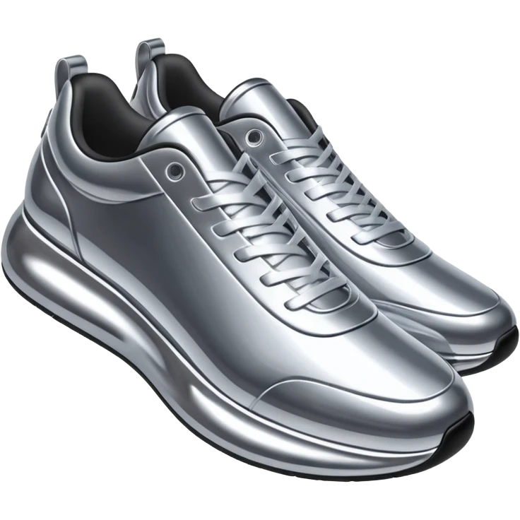 A pair of futuristic sneakers emoji made of silver chrome, sleek streetwear design, smooth metallic panels, subtle reflections, luxury swag aesthetic, iOS emoji style, centered, clean white background emoji