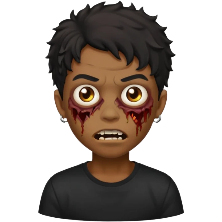 a boy with wavy hair, a zombie-shaped mouth piercing hum, and black hair with a black shirt too, and medium-length, wavy black hair, almost shoulder-length, with a lip piercing. emoji