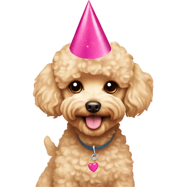 Blonde toypoodle maltipoo with pink birthdayhat emoji