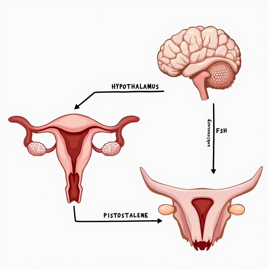 clear and realistic infographic of the HPT axis (hypothalamus-pituitary-testes): showing hypothalamus, pituitary gland, and testes connected by arrows, including hormone names (GnRH, LH, FSH, testosterone), simple diagram, distinct colors for each part, scritte in italiano emoji