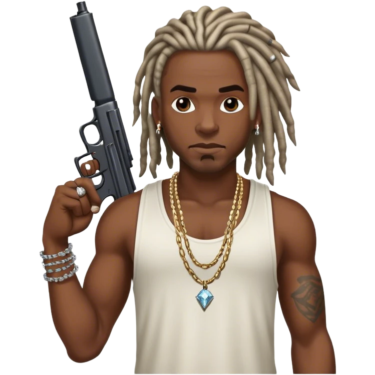 african-american race pig with dreads looking gangster with gun and tank top, with diamond blinging chain, with tattoos emoji