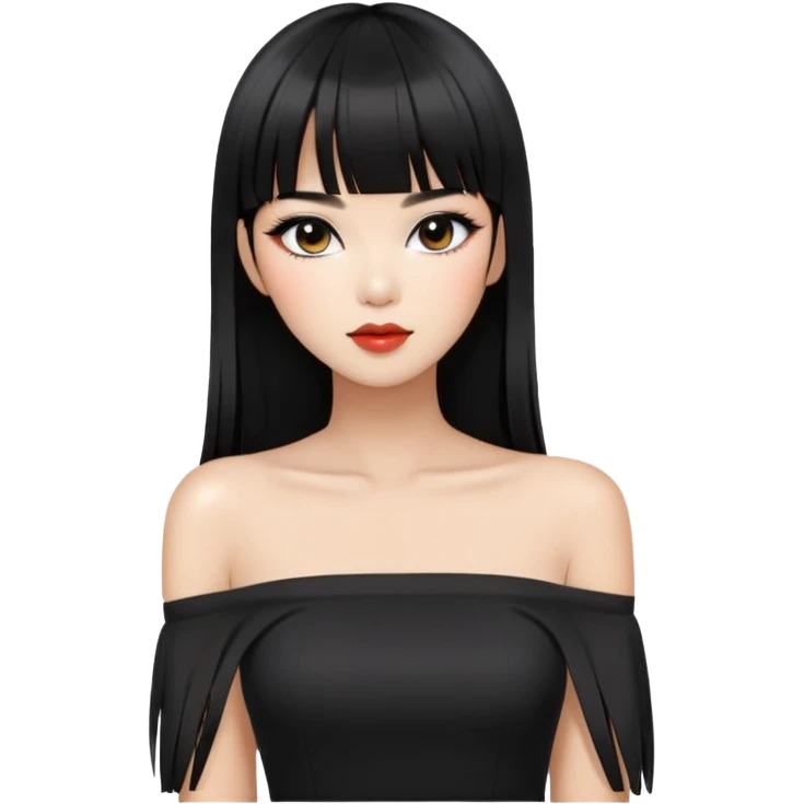 chic woman with Asian skin, black long straight bangs, wearing a black off-shoulder top, and makeup emoji