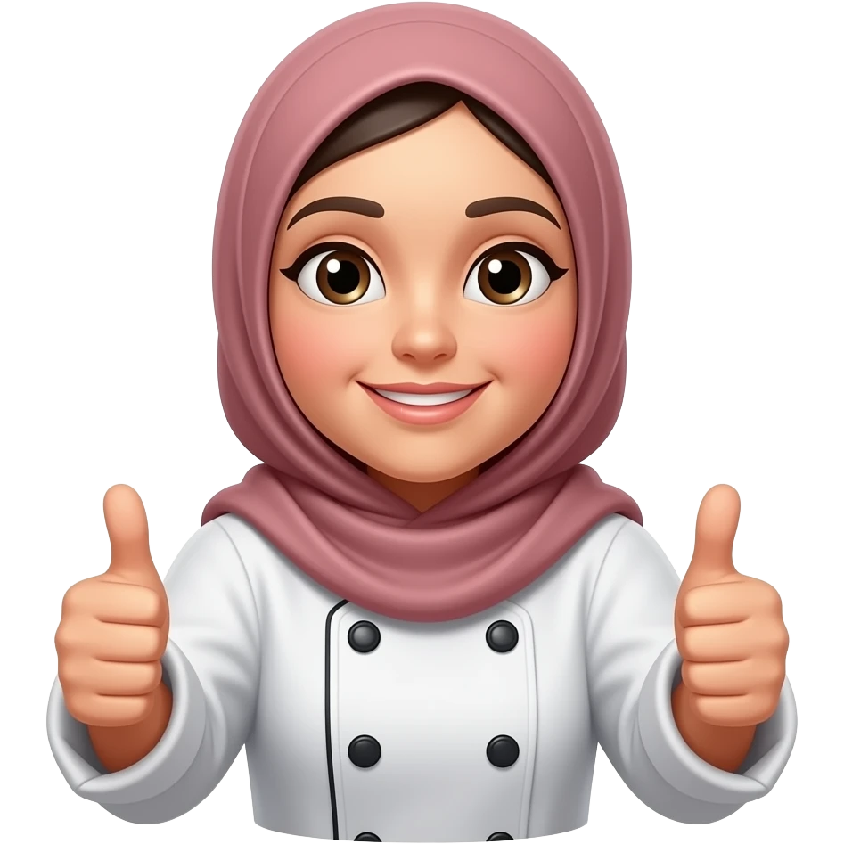 Buatkan koki perempuan berhijab berhijab dengan mengacungkan 2 jempol, badan agak condong ke kanan emoji