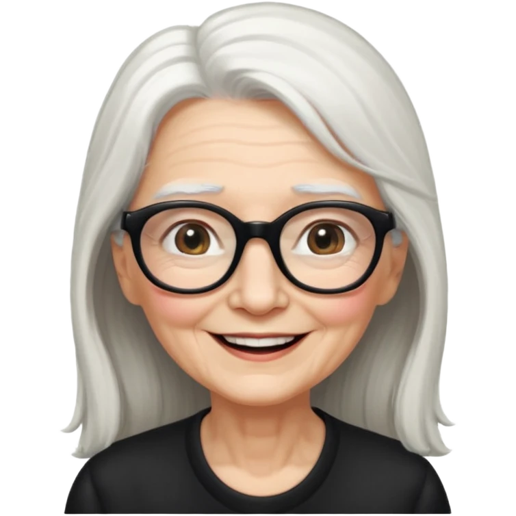 femme ridée avec de long cheveux blanc et des lunettes rectangles noir sourrir emoji