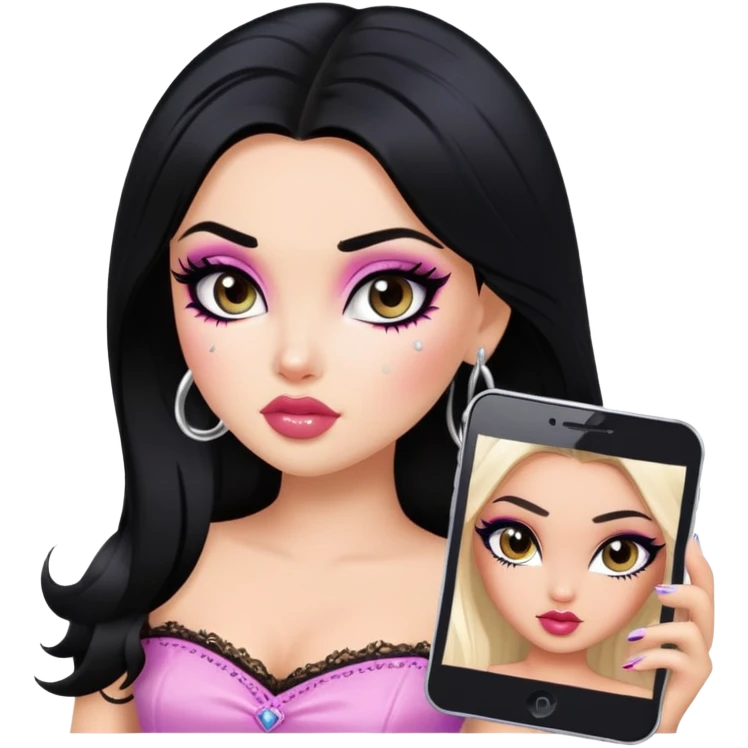 gothic style, black hair, pretty makeup, pretty bratz baddie emoji