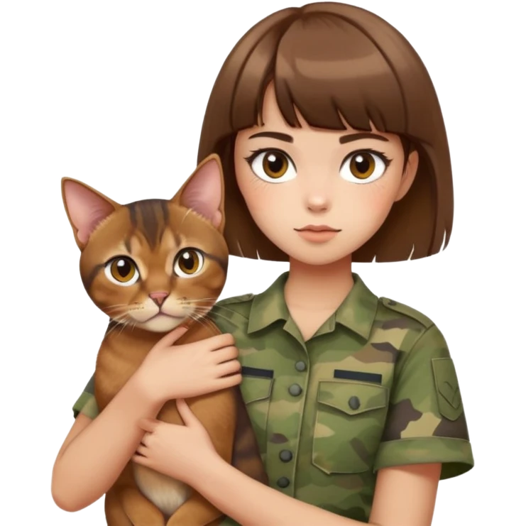 a girl with short brown hair and bangs holding an Abyssinian cat, wearing camouflage short sleeves , White skin, powder blusher emoji