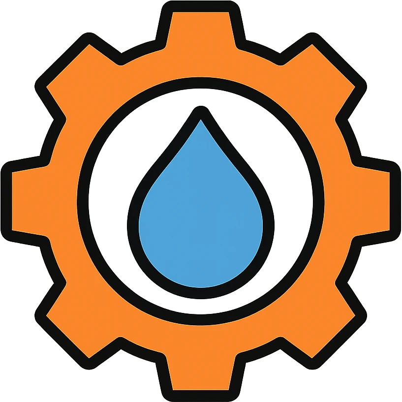 minimal and bold logo for a Rust parser for Shopify's Liquid, featuring a stylized gear and water droplet, orange and blue color scheme emoji