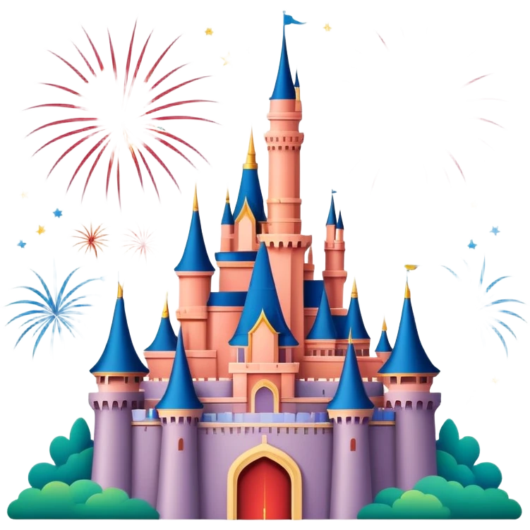 Shanghai Disney Castle with fireworks, simplified emoji style with bold outlines and bright colors, cartoon style fairy tale castle emoji