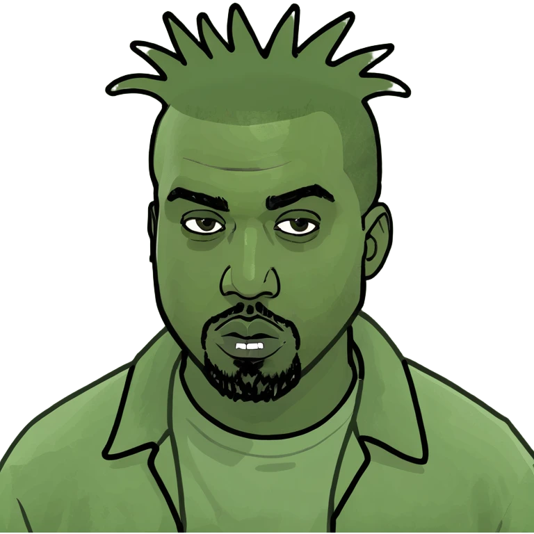 Kanye West as a schizo emote, exaggerated emotions, wild hair, intense stare, meme style emoji