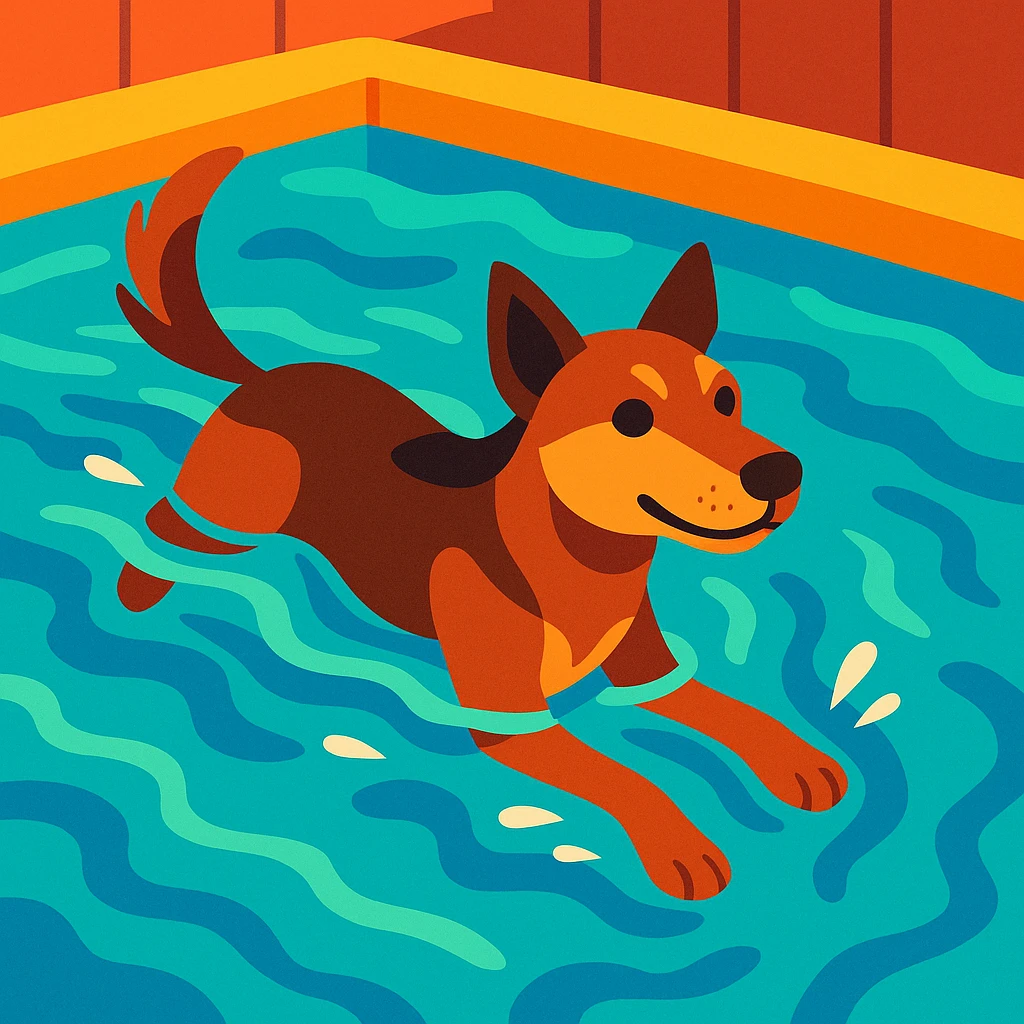 indie dog swimming in a pool, playful, vibrant colors emoji