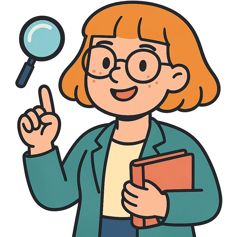female researcher and author, light skin, strawberry blonde page haircut, round face, freckles, smiling, with glasses emoji