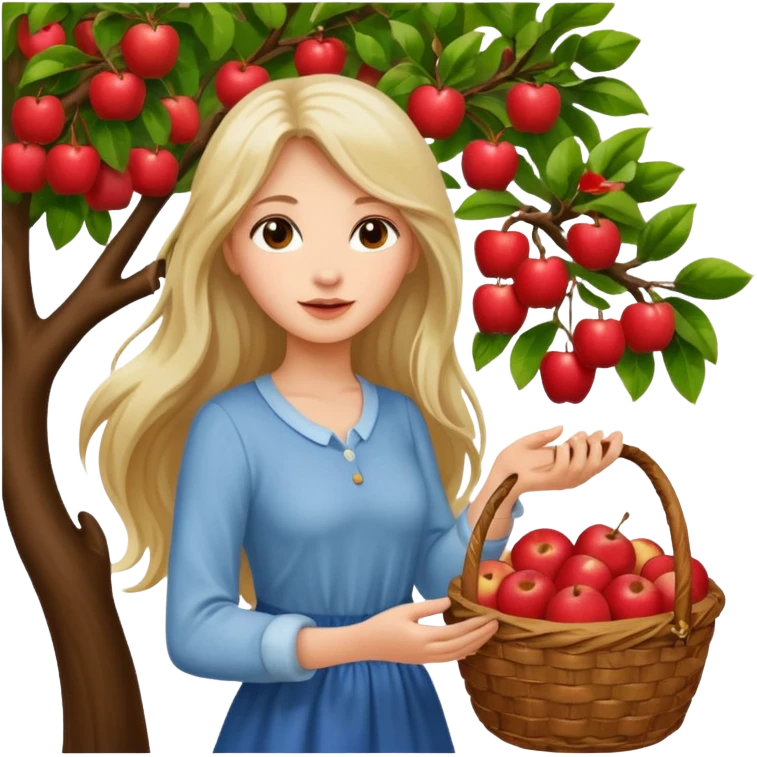 Attractive Girl with long hair picking an apple off a tree with a basket of apples emoji