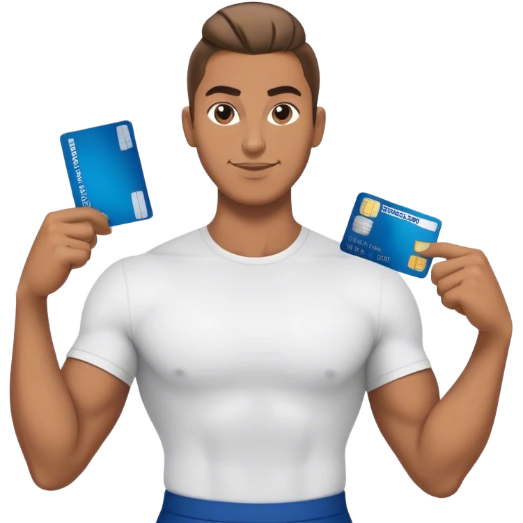 Handsome Brown guy with a glossy man bun , flexing stacks of American Express cards , full body.  emoji