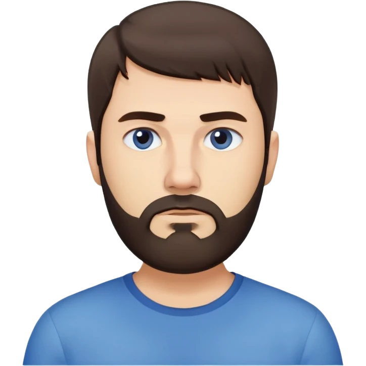 Caucasian man with straight dark brown hair styled loose with fringe, short full beard, neutral serious expression, simple blue shirt emoji