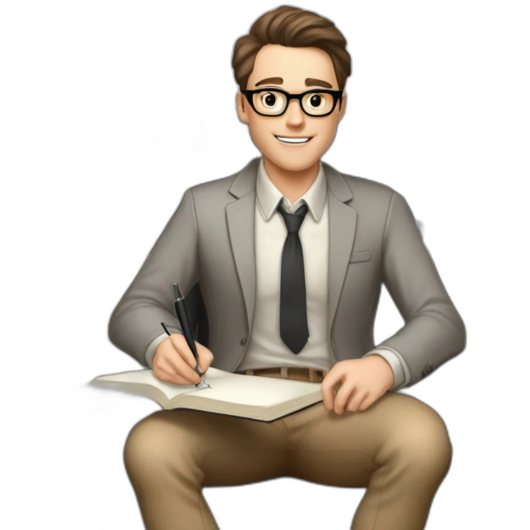 Pale skinned Fit Man With dark brown hair in gray jacket, beige office shirt, Brown pants and vintage glasses sitting In a soft chair with a notebook on spring with emblem Ψ and a pen emoji