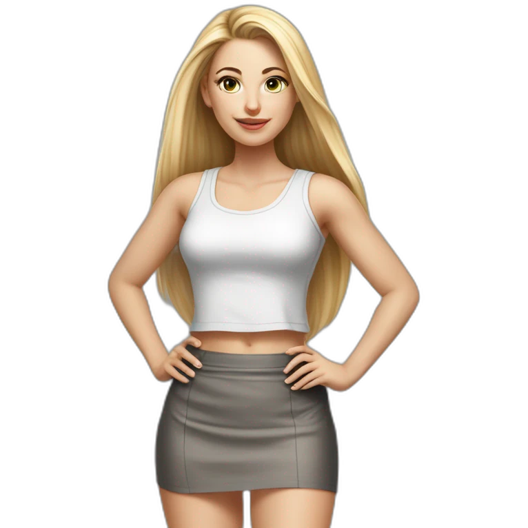 caucasian woman, with long straight hair, blonde hair, brown eyes, white tank top, gray tight mini skirt, black shoes, full body, hyperrealist drawing emoji