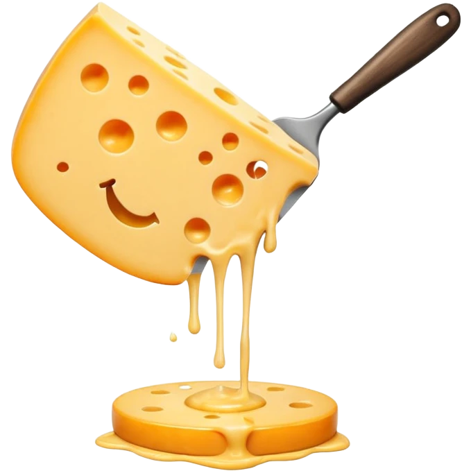 a half vertical  wheel of cheese being scraped with a metal spatula, melted cheese flowing, warm golden colors, modern emoji style, clean outlines, transparent background emoji