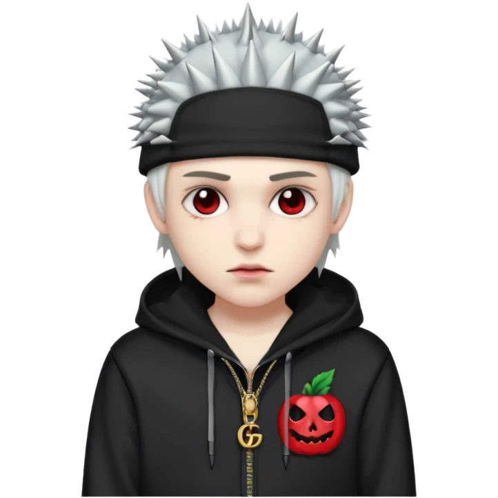 vampire emoji with spiky emo hair wearing a gucci hat sideways and a nike tech hoodie emoji