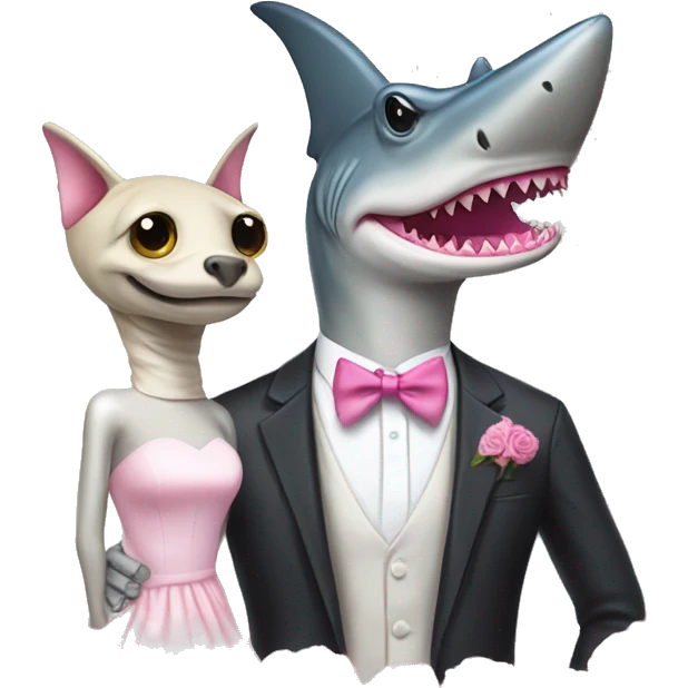 hammerhead shark in a suit with a pink cat in a wedding dress emoji