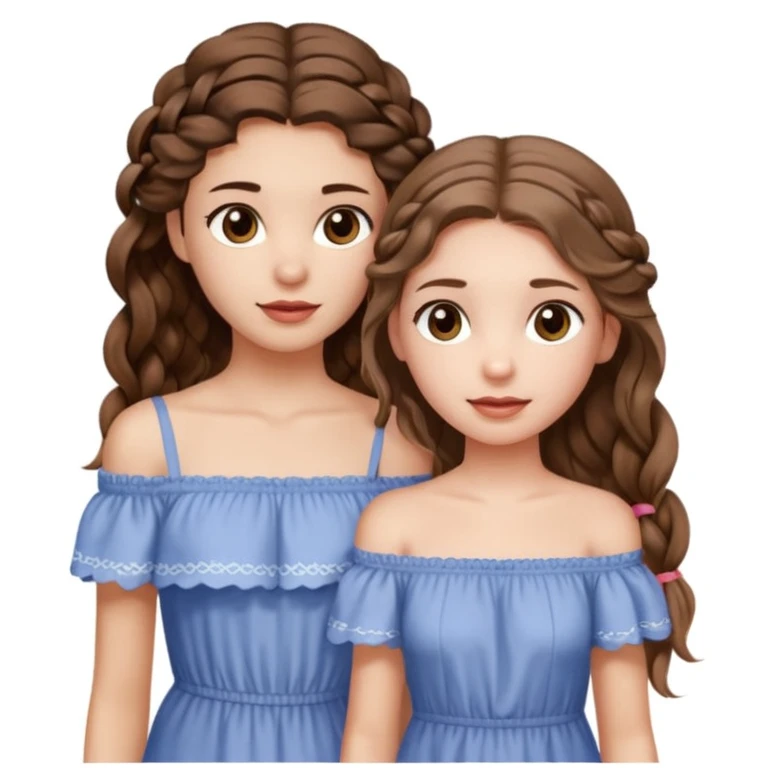 Two girls. The first one is very tall, has mid length brown very wavy hair, full lips, hazel eyes, wearing a cute off shoulder summer dress, she is also thin. The other one, quite shorter, long brown straight hair in one braid, hazel eyes. She is athletic a little bit.  emoji