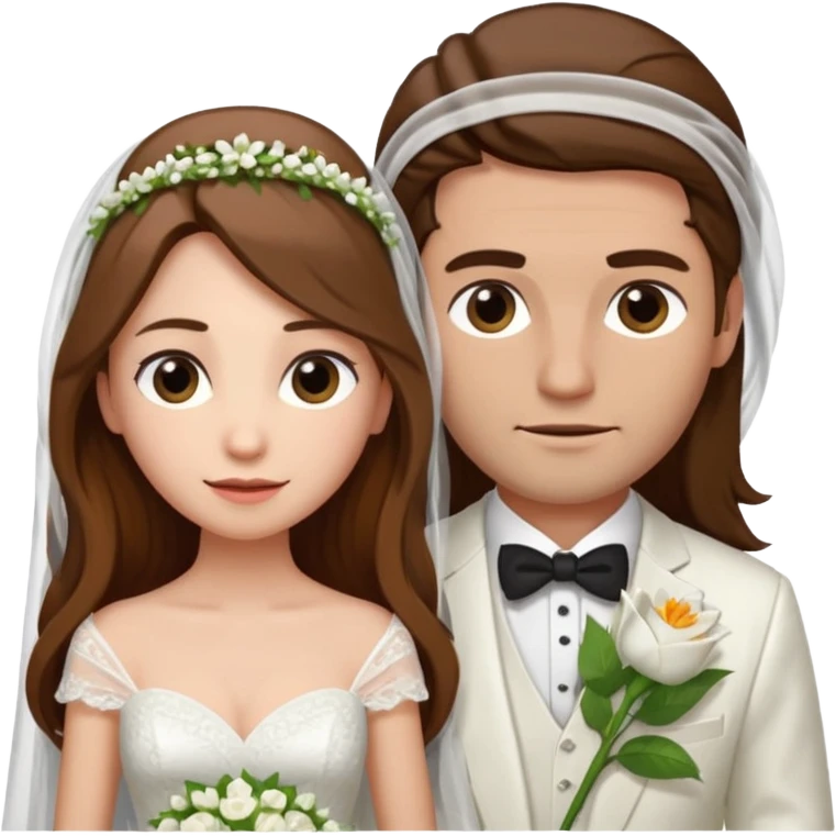 A woman with long brown hair and fair skin, wearing her hair half-up, dressed in a wedding gown with a veil. And a man with short brown hair and fair skin (without a mustache), wearing a white suit with a flower.
 emoji