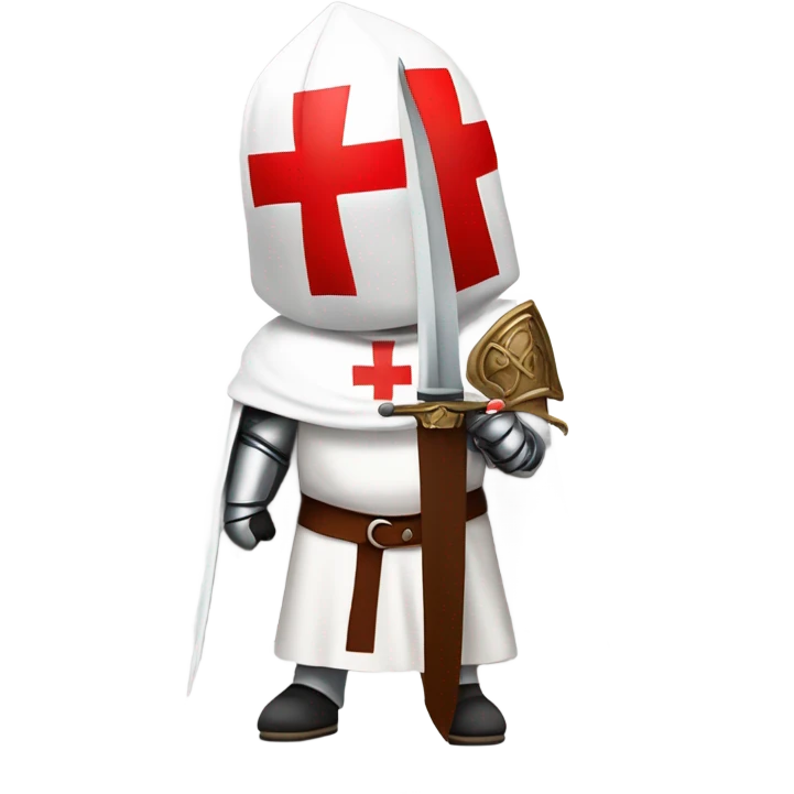 knight Templar wearing a white tunic with a Red Cross on the front, a white mantle with a hood. And a Red Cross on the left side. A male head with a red smokers cap on. He should be holding a sword in the carry position. emoji