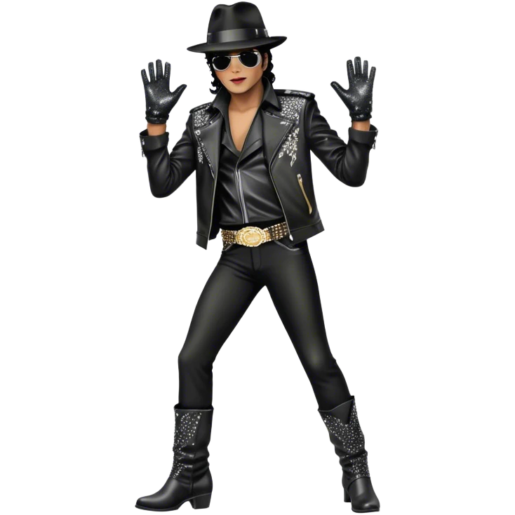 Icon for R&B Music: Michael Jackson on stage in full body, wearing his iconic concert costume—black leather jacket, sequined glove, fedora, and boots. He strikes a powerful pose, embodying the energy of R&B music. Transparent background. emoji