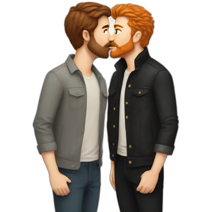 White Man with brown hair and ginger beard kissing white man with black hair emoji