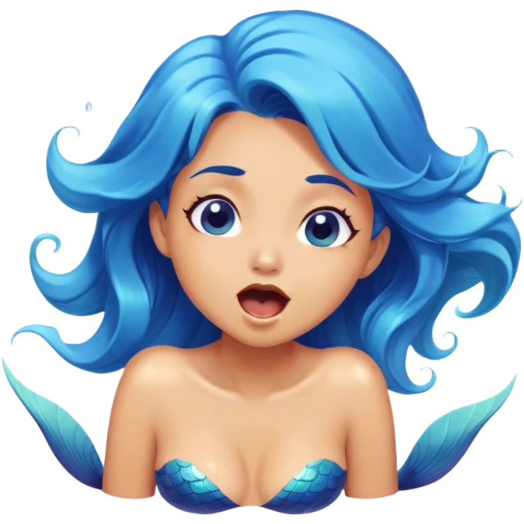 Cinematic Realistic Blue Hair Mermaid Portrait, head tilted slightly with a dramatic, wide-open yawn, revealing a tender, relaxed visage with intricately detailed, tanned skin and vibrant, cascading blue hair softly billowing around her. Her dreamy eyes exude a serene, aquatic charm, rendered with gentle underwater lighting and a soft, high-shine finish that captures the essence of a drowsy yet captivating mermaid drifting into tropical slumber. emoji