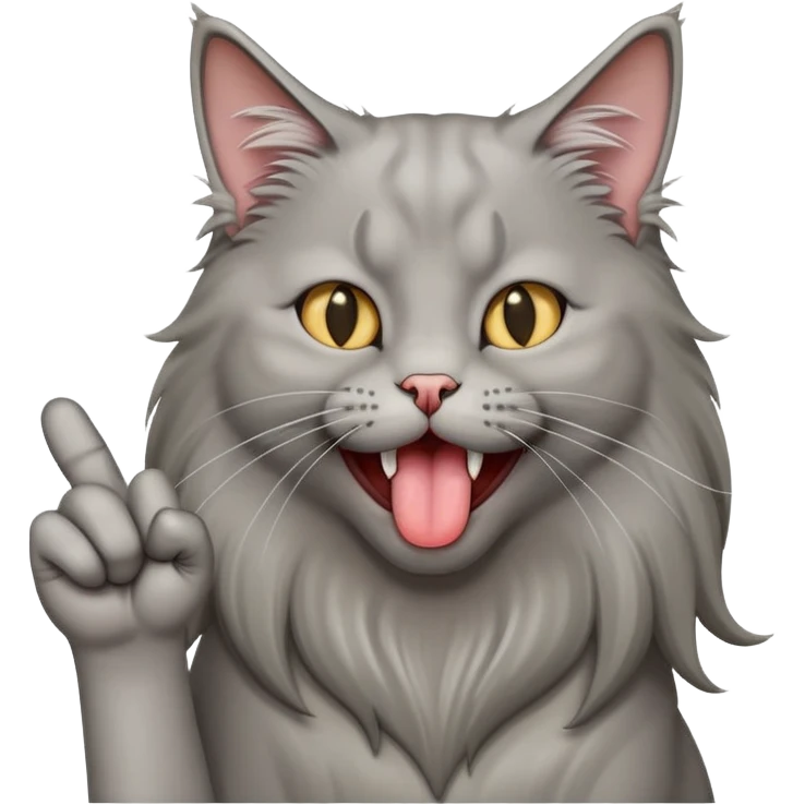 Gatto grigio pelo lungo che alza dito medio e fa la linguaccia emoji