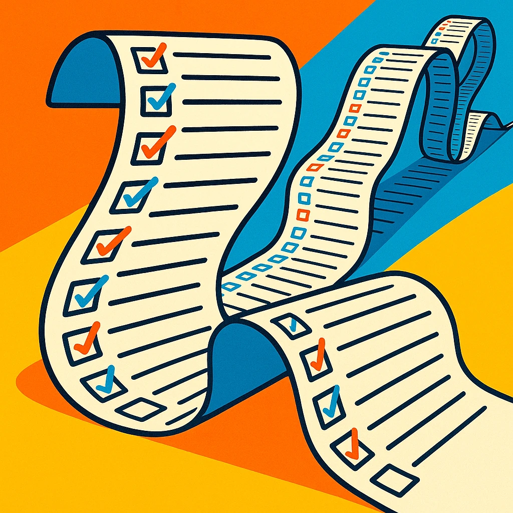 endlessly stretching to-do list paper curling up and down like a snake, packed with tiny colorful checkboxes, fading into the distance, vibrant cartoon style emoji