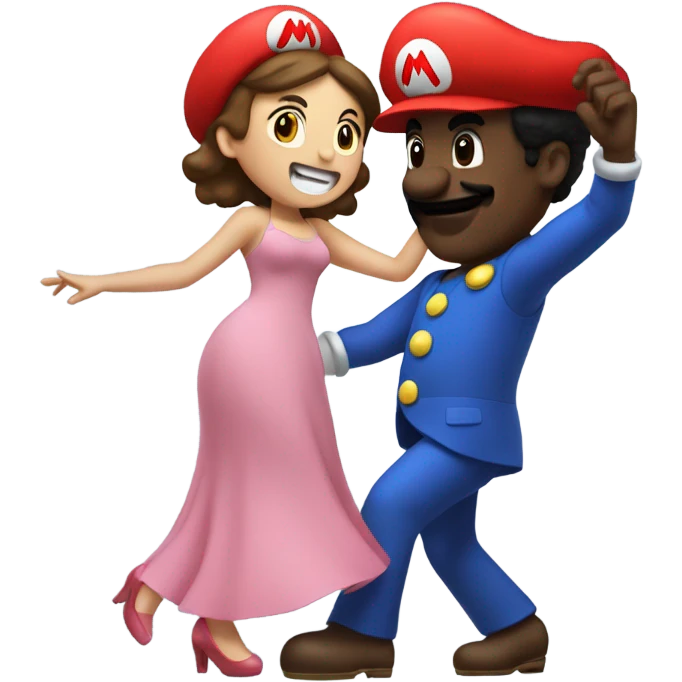 Black man with giant Mario costume head dancing with brunette girl emoji