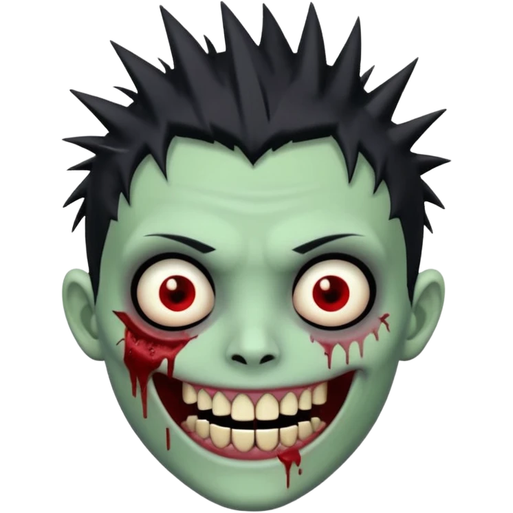 zombie boy with emo spiky hair, white skin, and white eyes; an open smile, and bloodied teeth; emoji