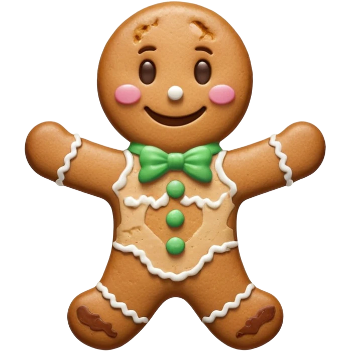 {
    "type": "object",
    "look": "gingerbread man, icing smile, cookie texture, front view",
    "description": "a cheerful gingerbread cookie shaped like a man, smiling with white icing details"
  } emoji