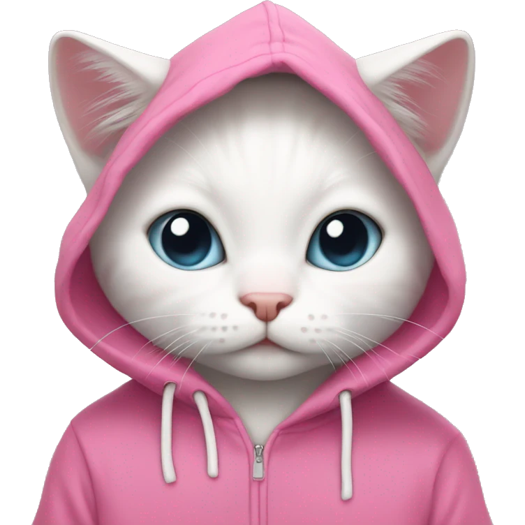 White little cat wearing a big pink over sized hoodie emoji