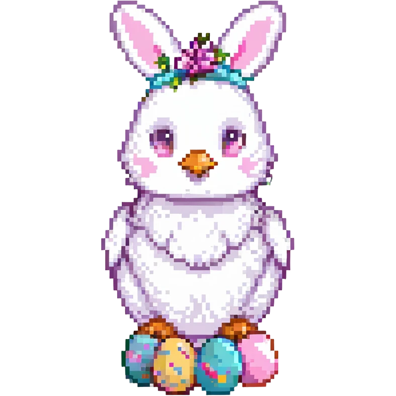 a white hen with pink bunny ears and colourful eggs, pixel art style emoji