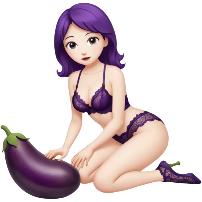 lady with lace lingerie kneeling with eggplant on her face emoji