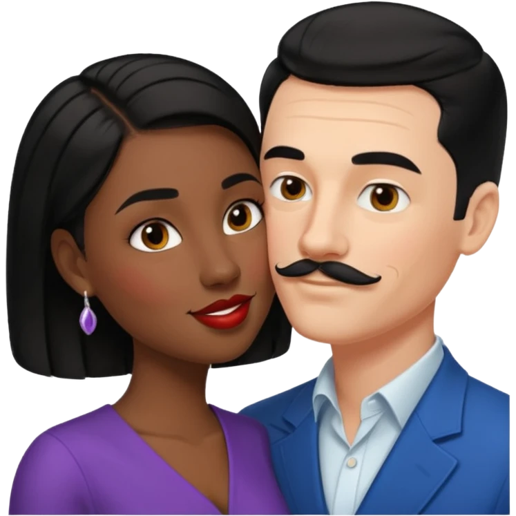 white man, black hair, slicked back, mustache kissing black woman with short black hair emoji emoji