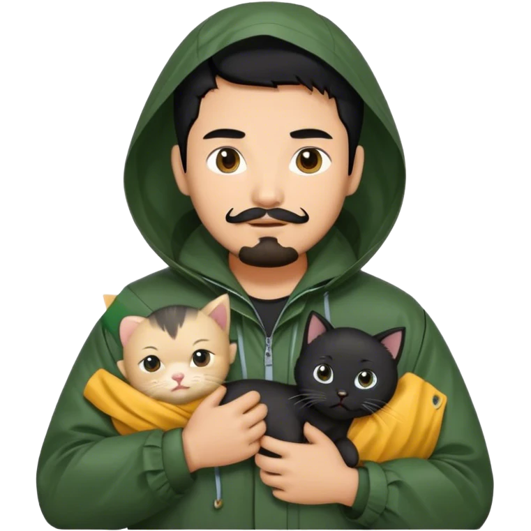 A Thai man with black hair, tanned skin, a small mustache and beard, wearing a dark green raincoat, and carrying a black kitten emoji