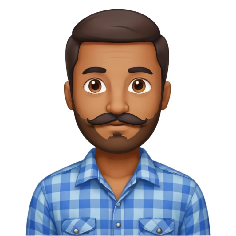 a 30yr old bearded indian man with a moustache, wearing a blue check shirt  emoji