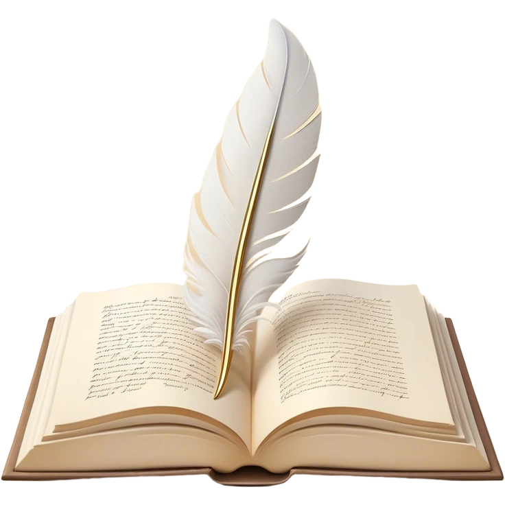 Create a delicate and elegant emoji representing poetry. The design should feature several gracefully flying pages with short poetic lines written on them. A white feather quill should be gently resting on one of the pages or floating nearby, symbolizing creativity and inspiration. The pages should look soft and flowing, evoking the fluid nature of poetry. Use a subtle color palette with white, light pastels, and a touch of gold for accents. Make the background transparent. emoji