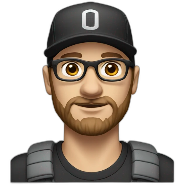 White man with brown hair and a brown beard, has thick eyebrows is wearing black sight glasses. Big nose. Half closed brown eyes. Wearing a Nike cap emoji