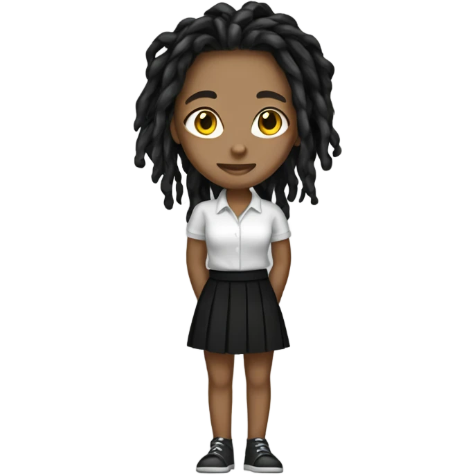 Tan girl with black locs dark white tied shirt black skirt full body emoji