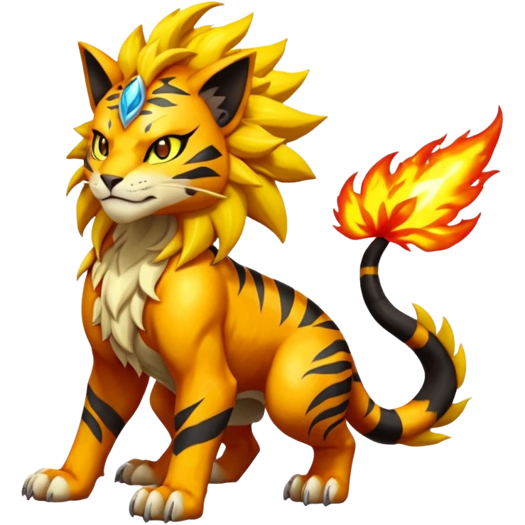 Volcanic Fiery Shiny Legendary Epic Badass Evil Colorful exotic dark-colored, vibrant, golden, burning, badass, cool, realistic Pyroar-Sprigatito-Torracat-Luxray-Tigress-Solgaleo-Liger-Hybrid-Fakémon-Pokémon-Hybrid-Creature (full body) emoji