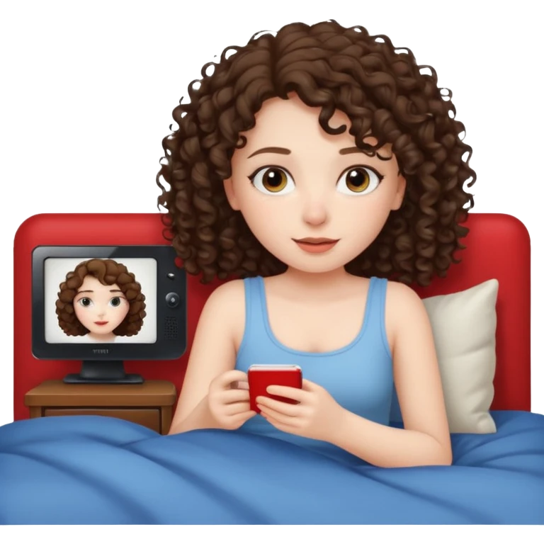 A girl, brunette with curly hair down to her shoulders, watching TV. Have her lie down on the bed, and put on Netflix on the TV. emoji