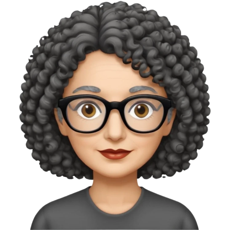 femme 60 ans cheveux gris foncé très bouclé et yeux marrons foncé, lunettes rectangle noir emoji