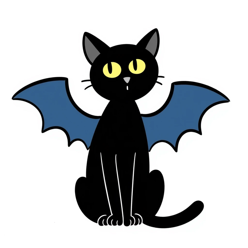 black cat with blue bat wings and glowing yellow eyes emoji