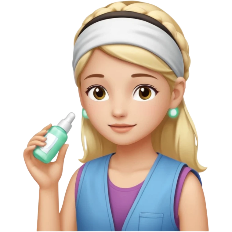 Clean girl aesthetic emoticons, apply skincare products, headband, glowing skin, vest, soft lighting
 emoji