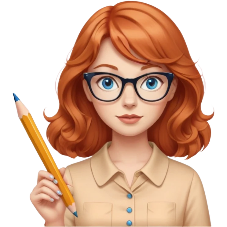 redheaded woman with long wavy hair and bangs, blue eyes, cat-eye glasses, pencil skirt, apricot blouse, holding a pencil emoji